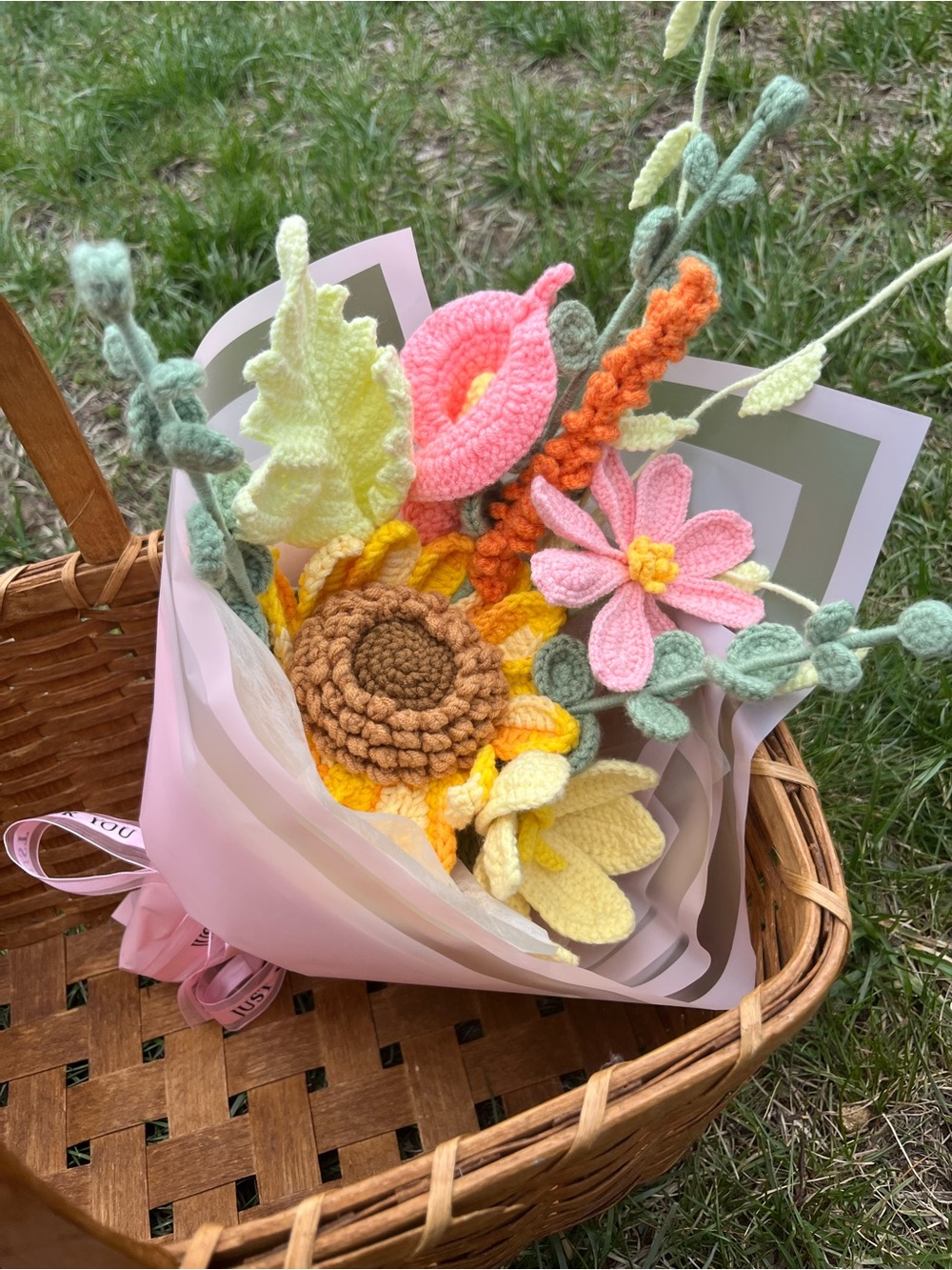 Handmade Crocheted Flower Bouquet - Yellow, Pink, Green